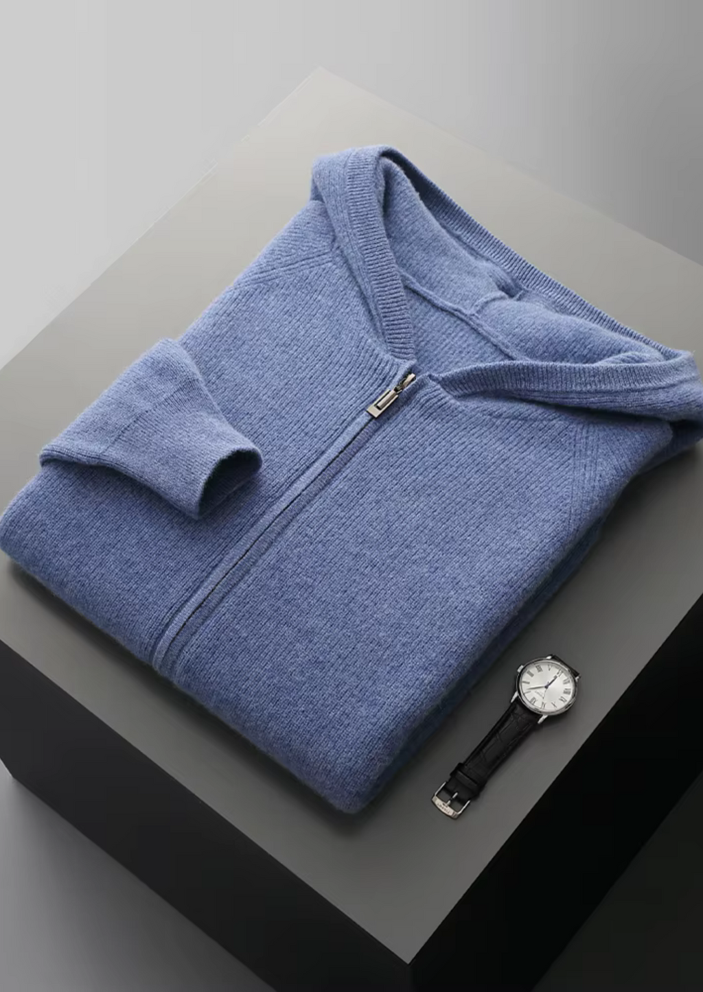 PURE EXTRA-FINE MERINO WOOL RIBBED ZIP HOODIE