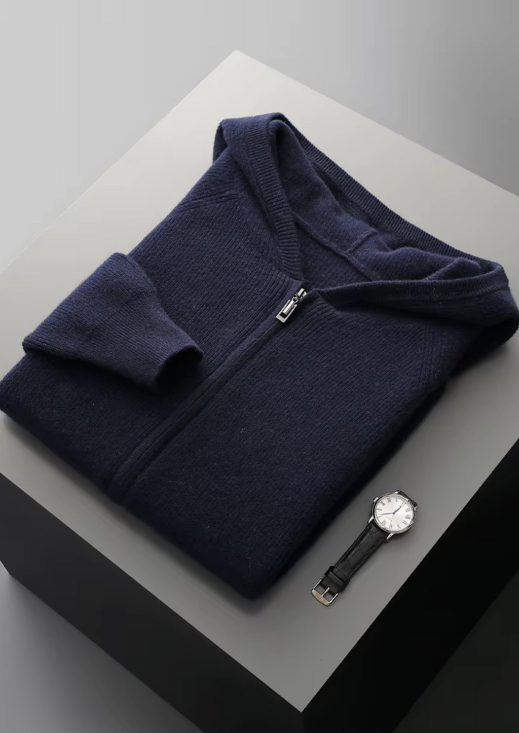 PURE EXTRA-FINE MERINO WOOL RIBBED ZIP HOODIE