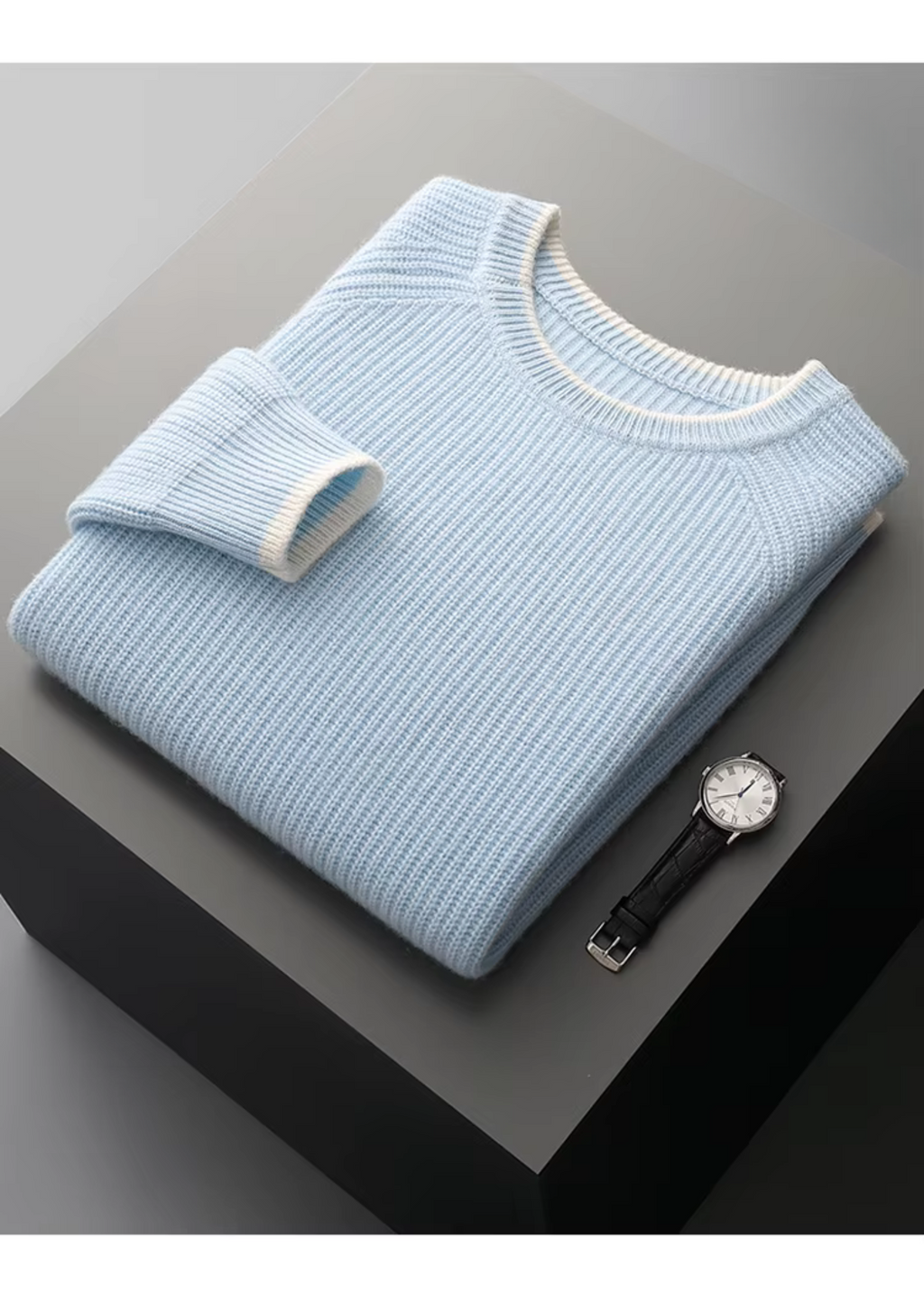 PURE EXTRA-FINE MERINO WOOL TWO TONE CREWNECK