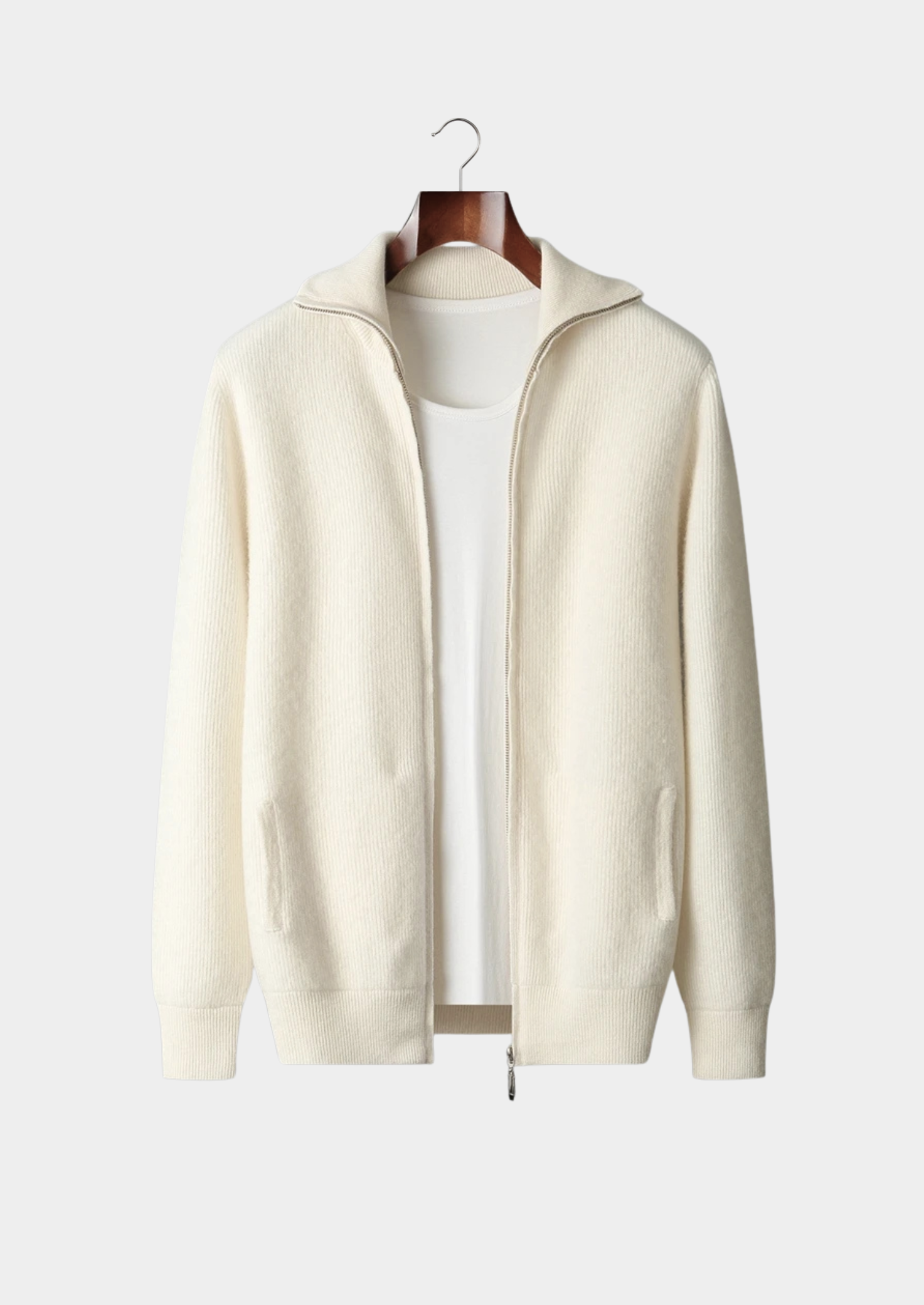 PURE EXTRA-FINE MERINO WOOL RIBBED ZIPPER CARDIGAN
