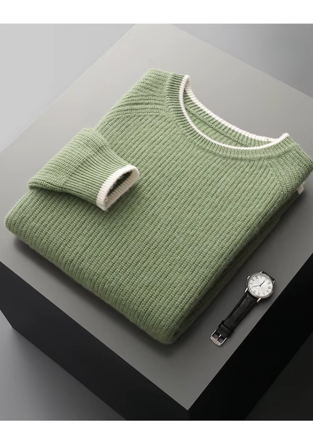 PURE EXTRA-FINE MERINO WOOL TWO TONE CREWNECK