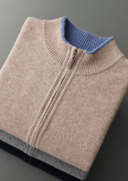 PURE EXTRA-FINE MERINO WOOL TWO-TONE ZIP CARDIGAN