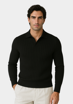 BLACK BUTTONLESS RIBBED POLO