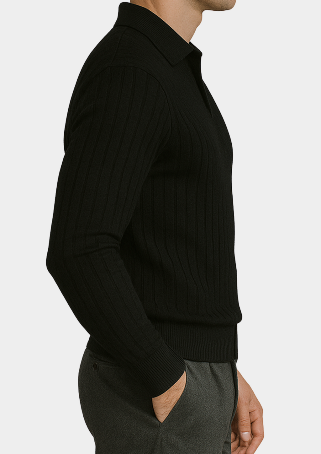 BLACK BUTTONLESS RIBBED POLO