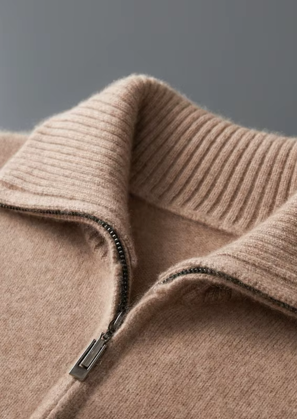 PURE CASHMERE BEIGE FUNNEL NECK CARDIGAN