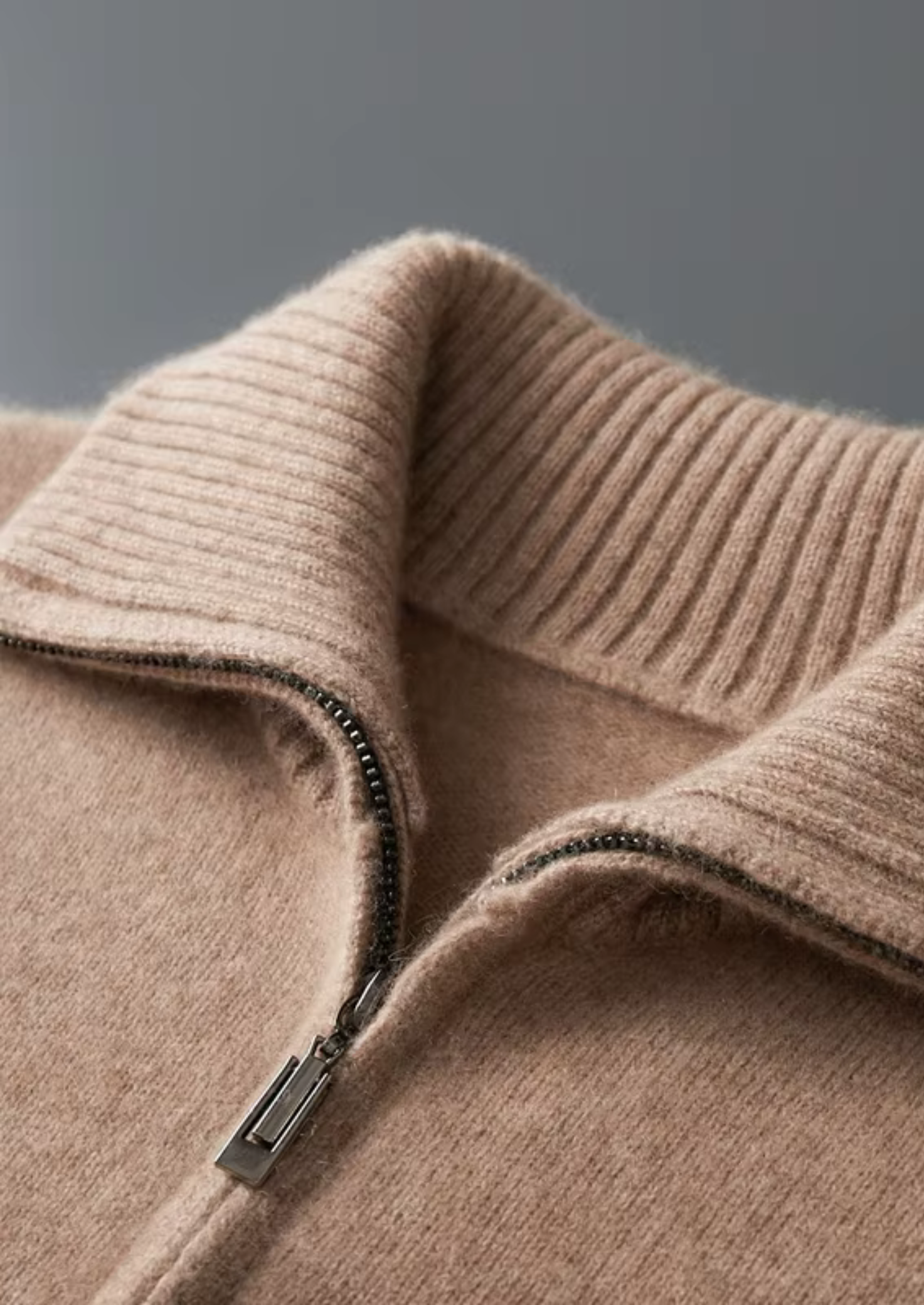 PURE CASHMERE BEIGE FUNNEL NECK CARDIGAN